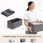 Foldable Wardrobe Storage Box with Metal Frame, Fabric Closet Organizer Basket for Clothes, Jeans & Sweaters, Space Saving Shelf Storage Bin with Handles (Grey, Pack of 1) - Image 4