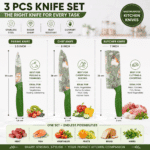 Printed Kitchen Knife Set 3 Pieces, Stainless Steel Kitchen Knives with Non-Slip Handle, Sharp Rust Resistant Multipurpose Knife Set for Home Kitchen - Image 6