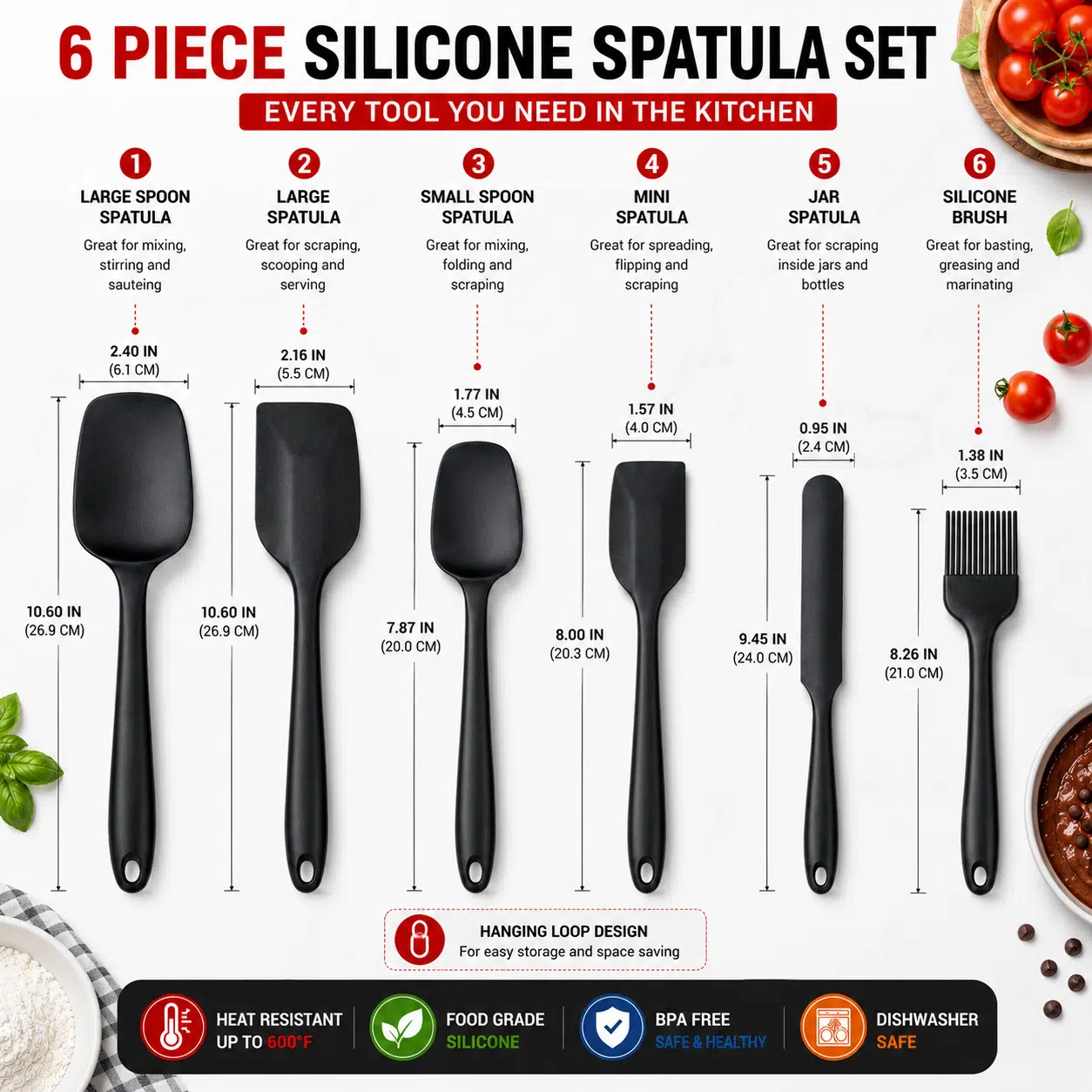 Home Nation Silicone Spatula Set 6 PCS, Heat Resistant Food Grade Silicone Kitchen Tools, Non Stick Rubber Spatula Set for Baking, Cooking, Mixing & Scraping, BPA Free, Black - Image 7
