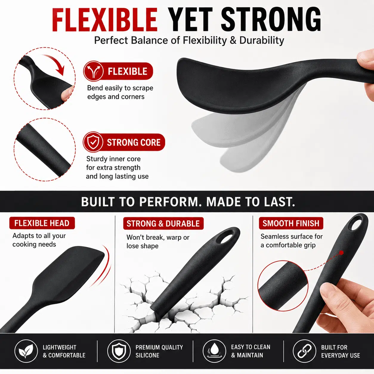 Home Nation Silicone Spatula Set 6 PCS, Heat Resistant Food Grade Silicone Kitchen Tools, Non Stick Rubber Spatula Set for Baking, Cooking, Mixing & Scraping, BPA Free, Black - Image 6