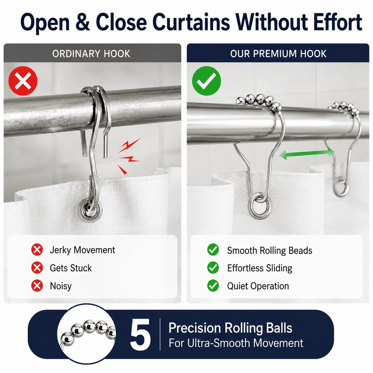 Stainless Steel Shower Curtain Hooks Rings with Smooth Glide Rolling Balls, Rust Resistant Heavy Duty Metal Curtain Hooks for Bathroom Curtain Rods, Pack of 12 - Image 7