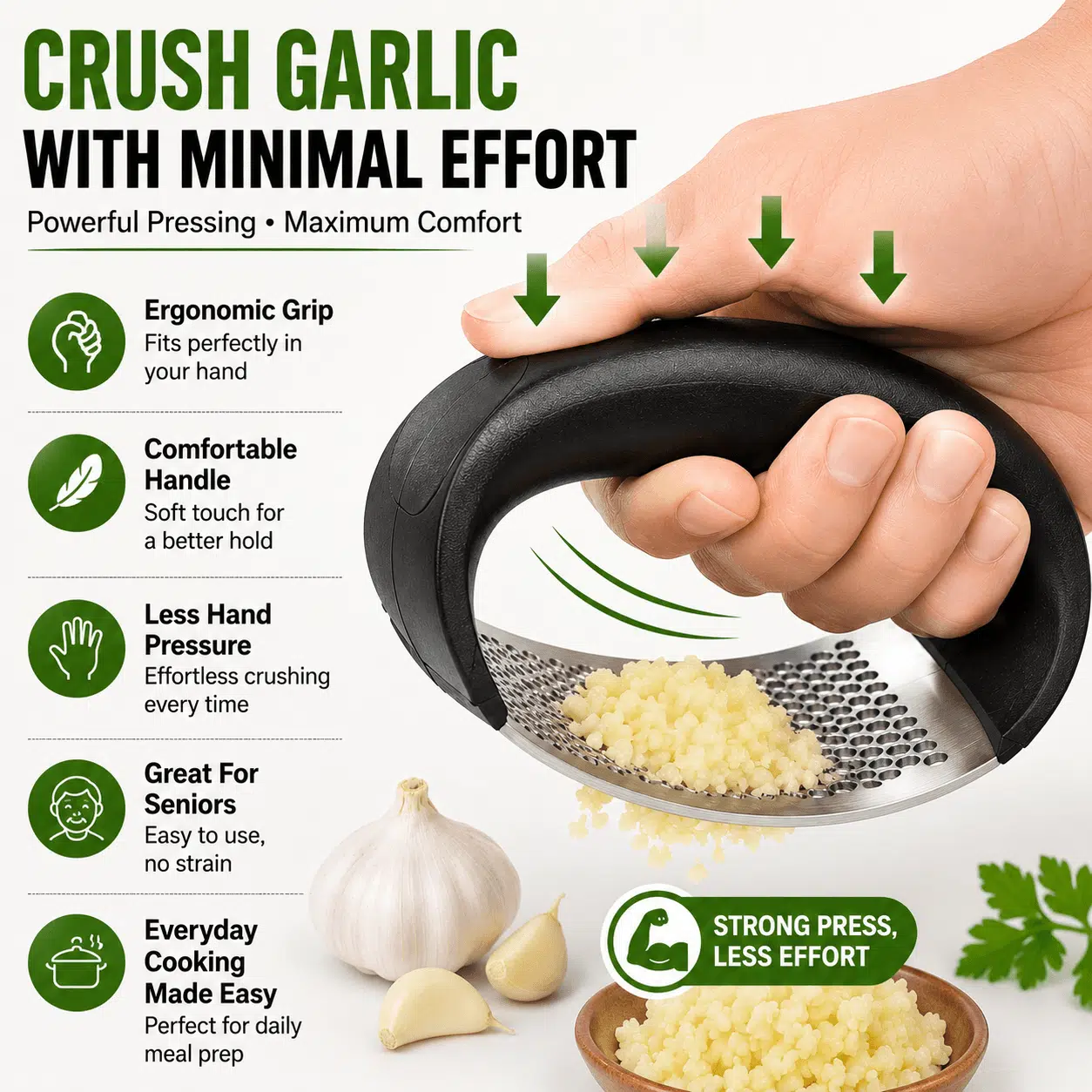 Home Nation Stainless Steel Garlic Press Crusher – Heavy Duty Garlic Ginger Mincer Tool with Ergonomic Easy Grip Handle, Rust Resistant Manual Garlic Crusher for Kitchen - Image 2