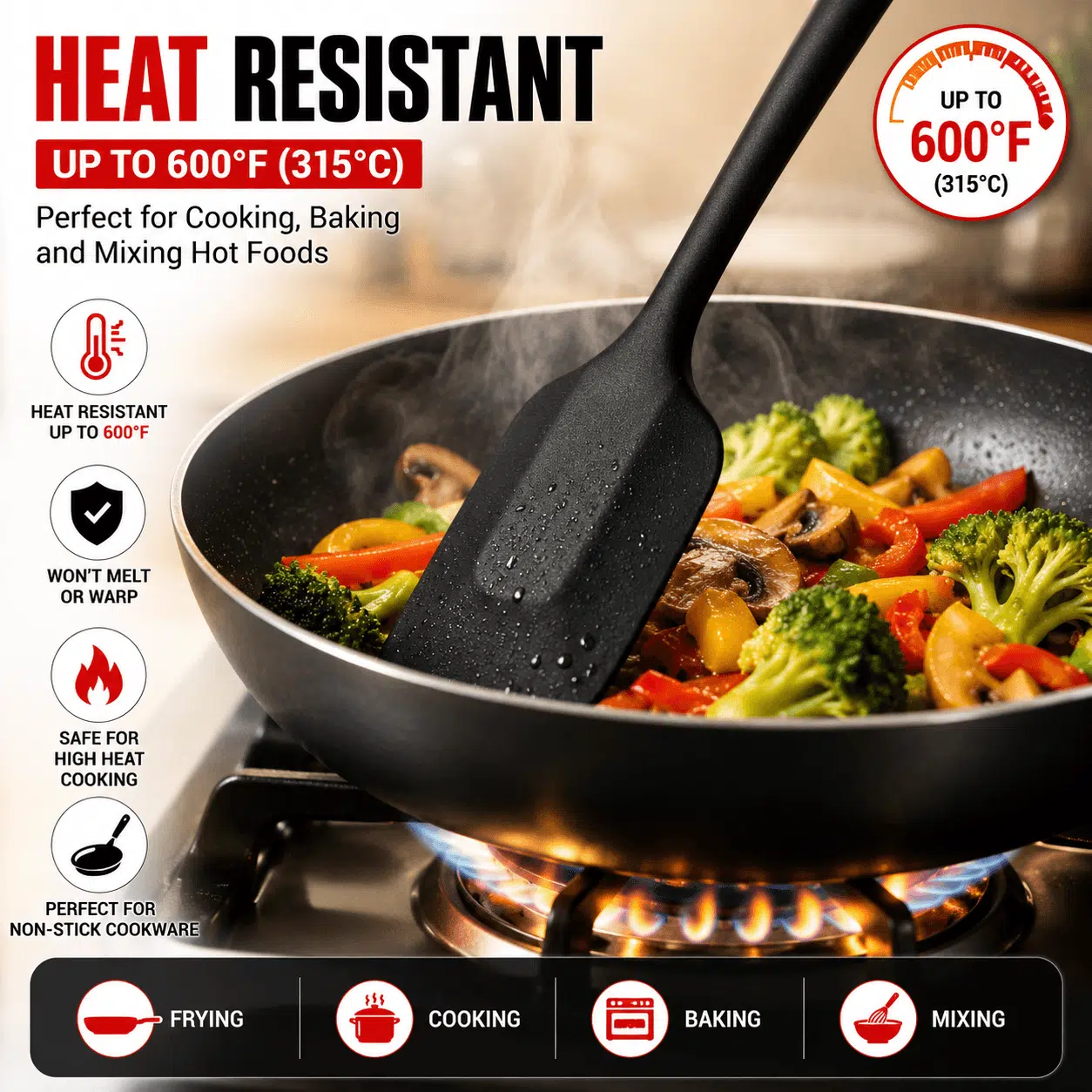 Home Nation Silicone Spatula Set 6 PCS, Heat Resistant Food Grade Silicone Kitchen Tools, Non Stick Rubber Spatula Set for Baking, Cooking, Mixing & Scraping, BPA Free, Black - Image 5
