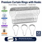 Stainless Steel Shower Curtain Hooks Rings with Smooth Glide Rolling Balls, Rust Resistant Heavy Duty Metal Curtain Hooks for Bathroom Curtain Rods, Pack of 12 - Image 5