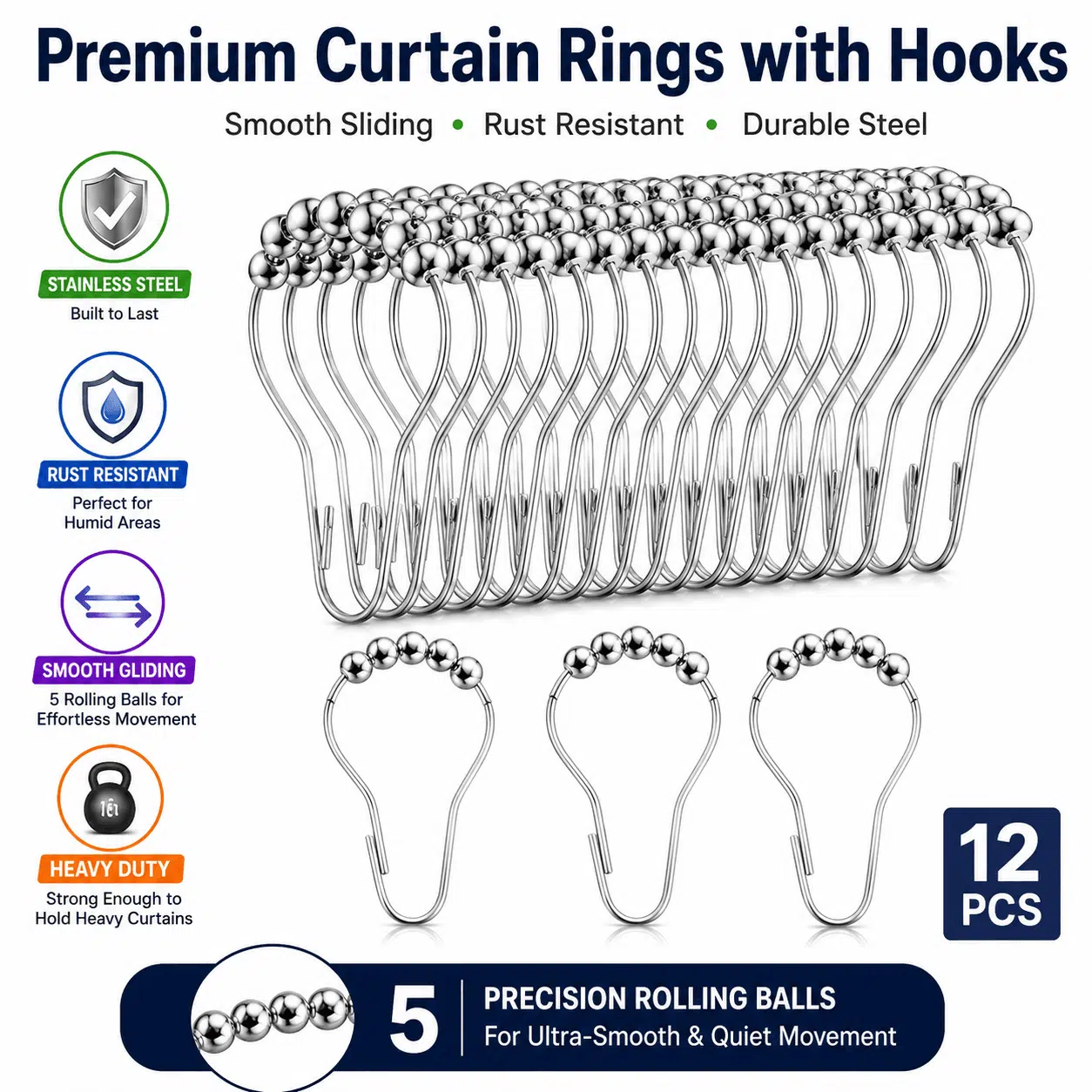 Stainless Steel Shower Curtain Hooks Rings with Smooth Glide Rolling Balls, Rust Resistant Heavy Duty Metal Curtain Hooks for Bathroom Curtain Rods, Pack of 12 - Image 5