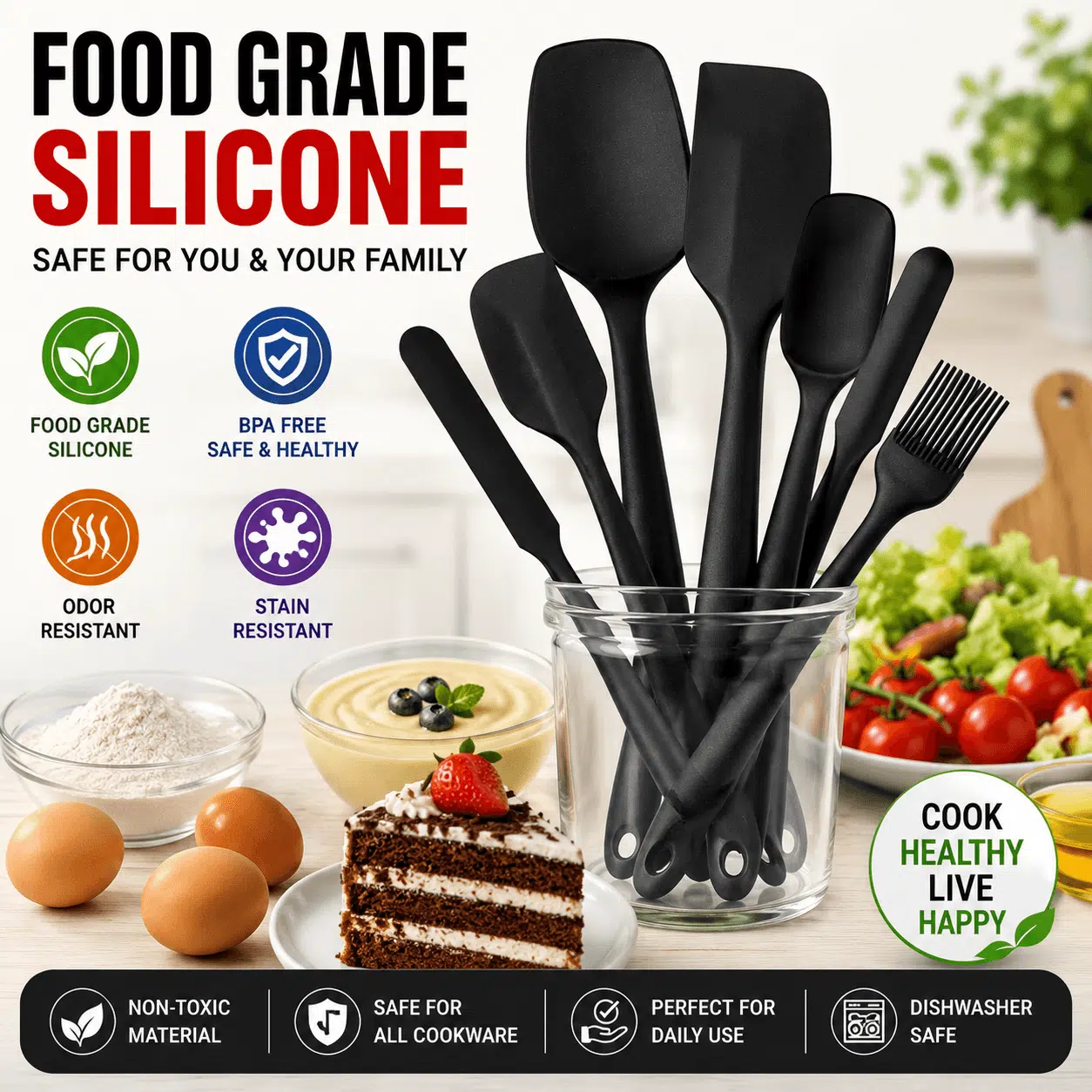 Home Nation Silicone Spatula Set 6 PCS, Heat Resistant Food Grade Silicone Kitchen Tools, Non Stick Rubber Spatula Set for Baking, Cooking, Mixing & Scraping, BPA Free, Black - Image 4