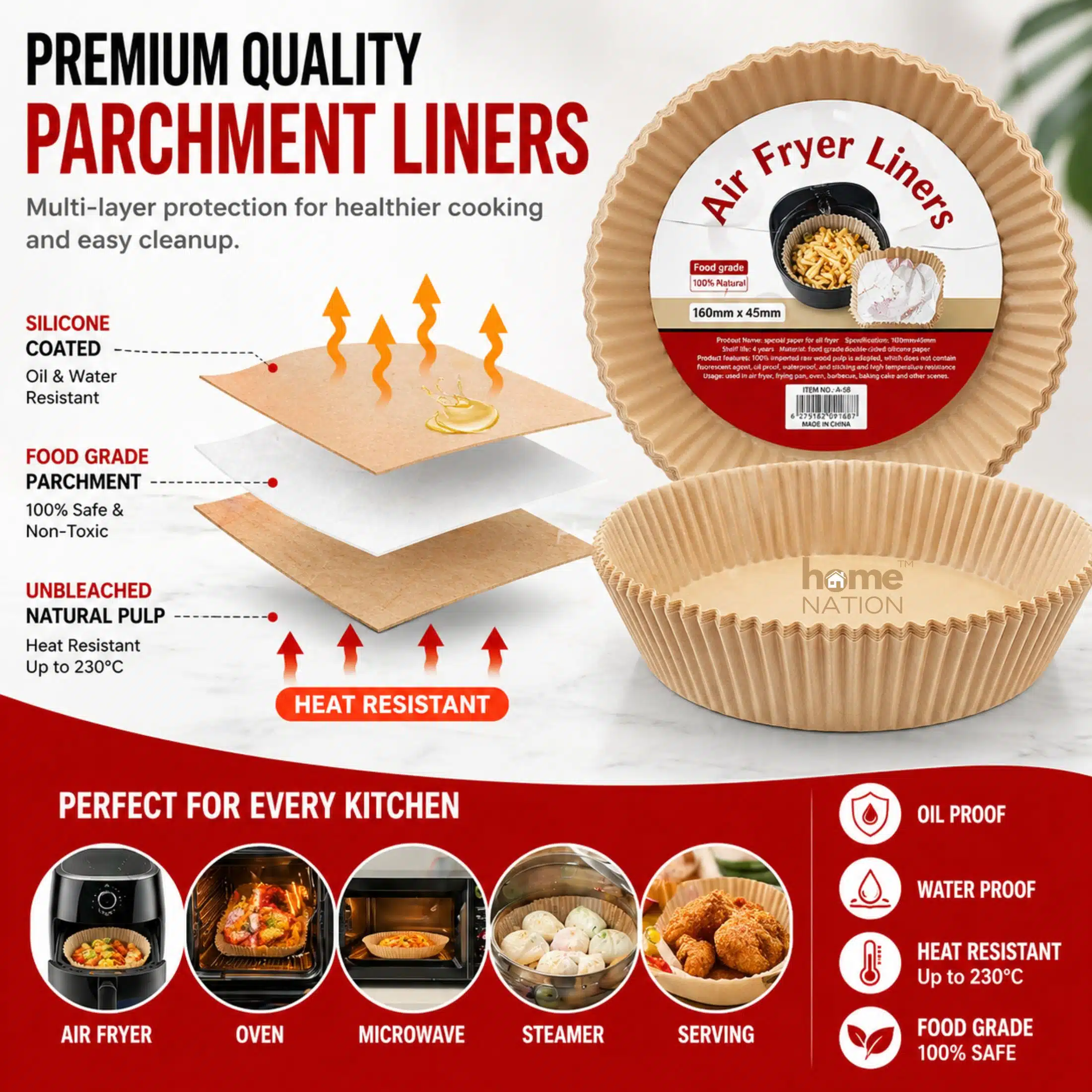 Home Nation™ Air Fryer Paper Liners 100 PCS (8 Inch Round) – Disposable Parchment Paper Liners, Non-Stick, Oil Proof, Greaseproof & Heat Resistant Baking Sheets for Air Fryer Basket, Oven & Microwave - Image 5
