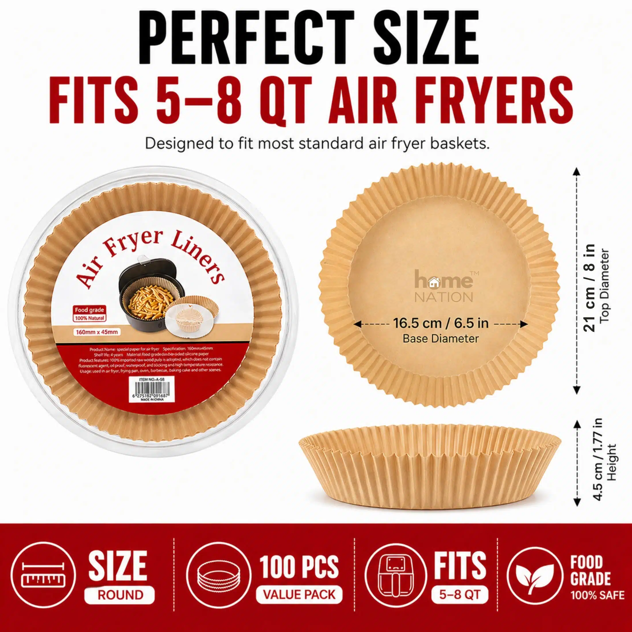 Home Nation™ Air Fryer Paper Liners 100 PCS (8 Inch Round) – Disposable Parchment Paper Liners, Non-Stick, Oil Proof, Greaseproof & Heat Resistant Baking Sheets for Air Fryer Basket, Oven & Microwave - Image 4