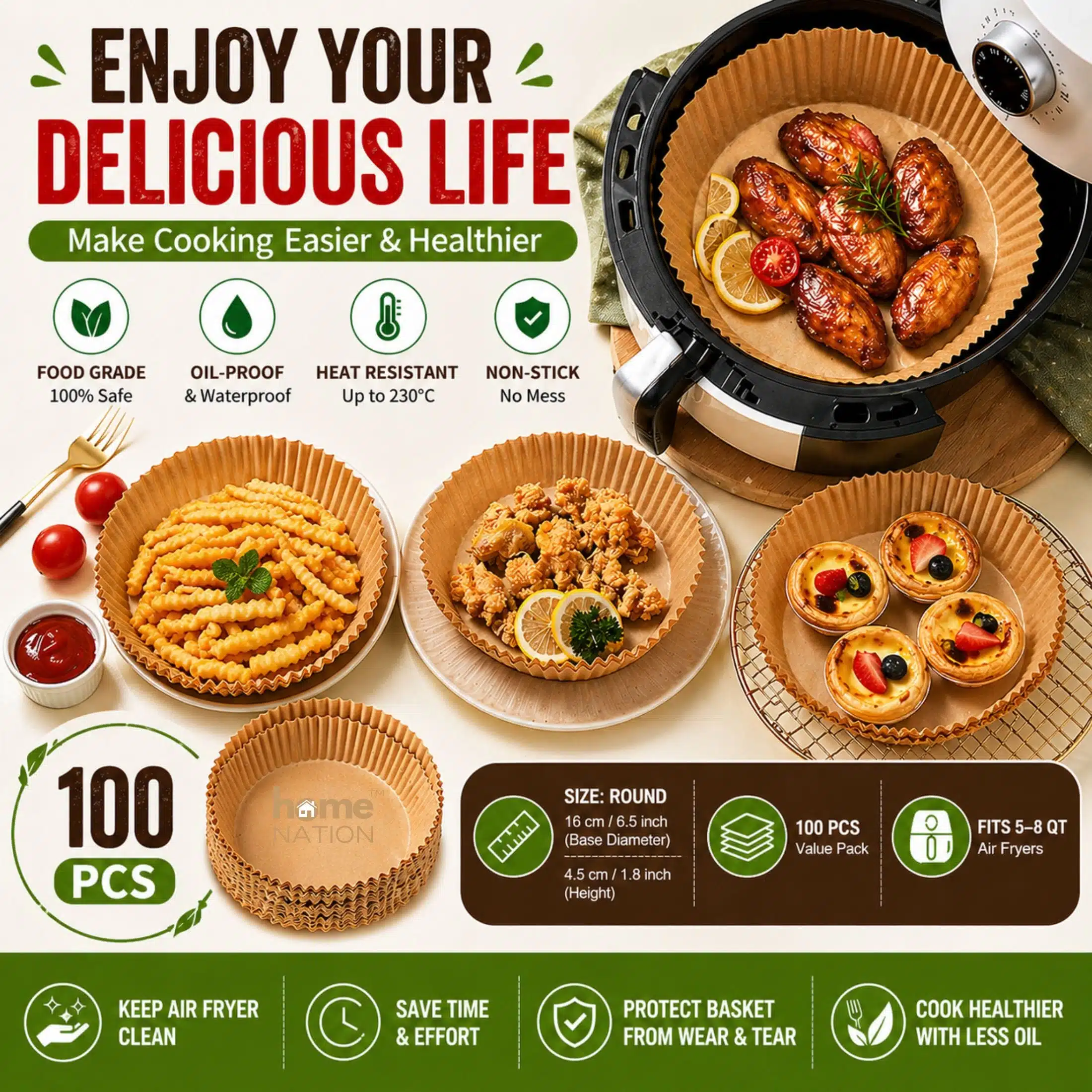 Home Nation™ Air Fryer Paper Liners 100 PCS (8 Inch Round) – Disposable Parchment Paper Liners, Non-Stick, Oil Proof, Greaseproof & Heat Resistant Baking Sheets for Air Fryer Basket, Oven & Microwave - Image 3