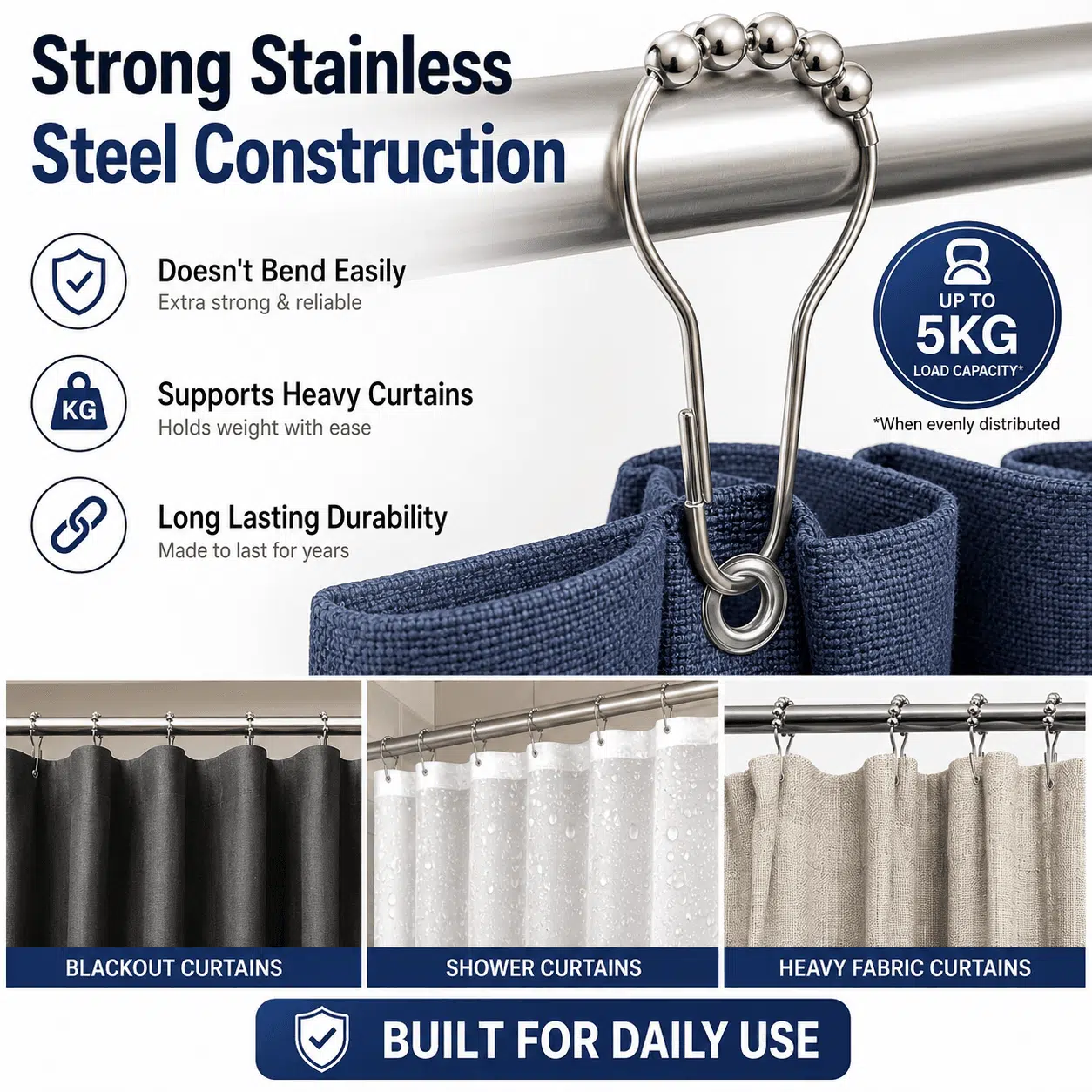 Stainless Steel Shower Curtain Hooks Rings with Smooth Glide Rolling Balls, Rust Resistant Heavy Duty Metal Curtain Hooks for Bathroom Curtain Rods, Pack of 12 - Image 4